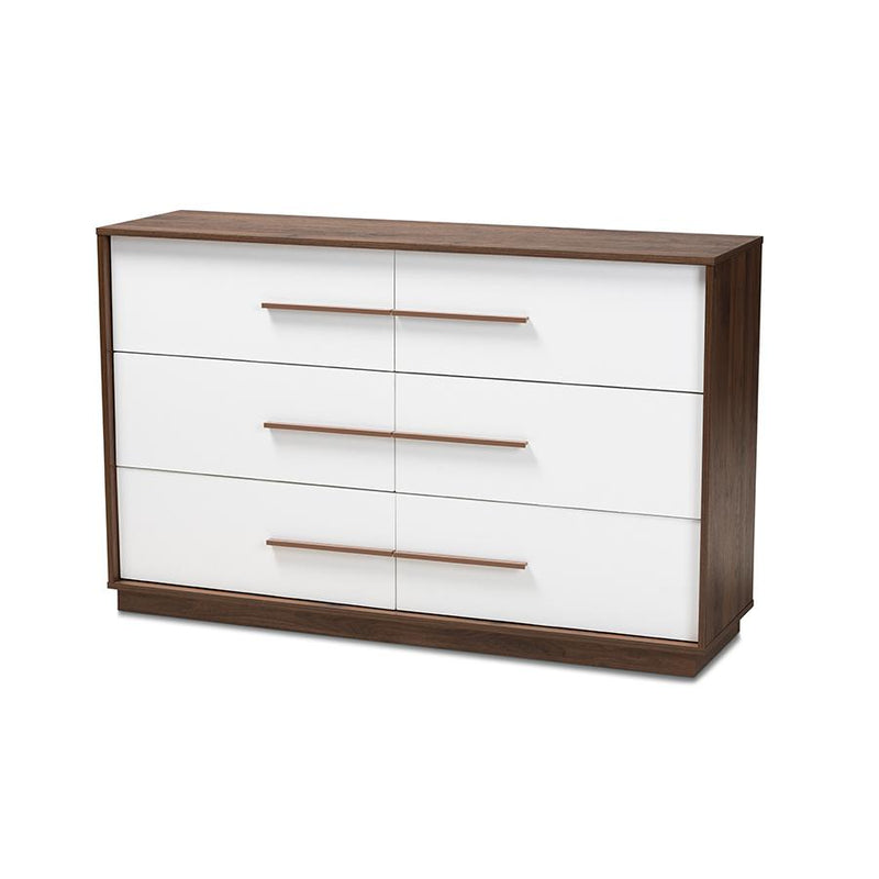 Mette Mid-Century Modern White and Walnut Finished 6-Drawer Wood Dresser