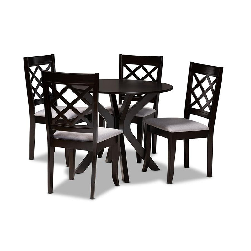 Grey Fabric Upholstered and Dark Brown Finished Wood 5-Piece Dining Set