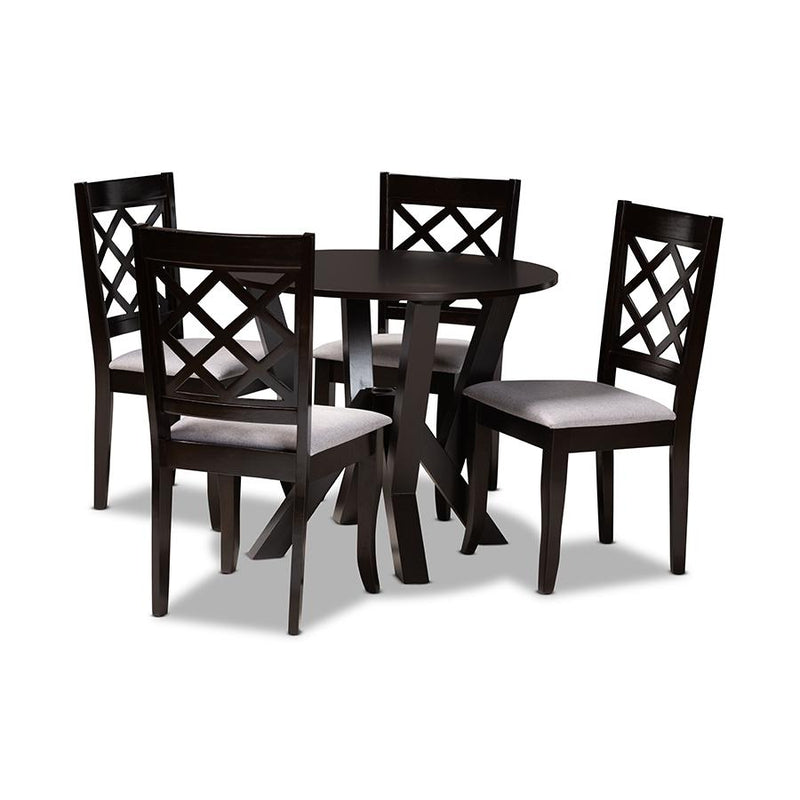 Grey Fabric Upholstered and Dark Brown Finished Wood 5-Piece Dining Set