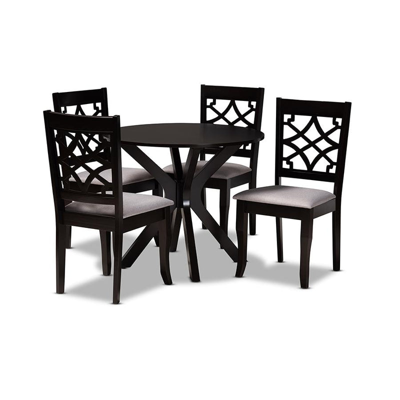 Grey Fabric Upholstered and Dark Brown Finished Wood 5-Piece Dining Set