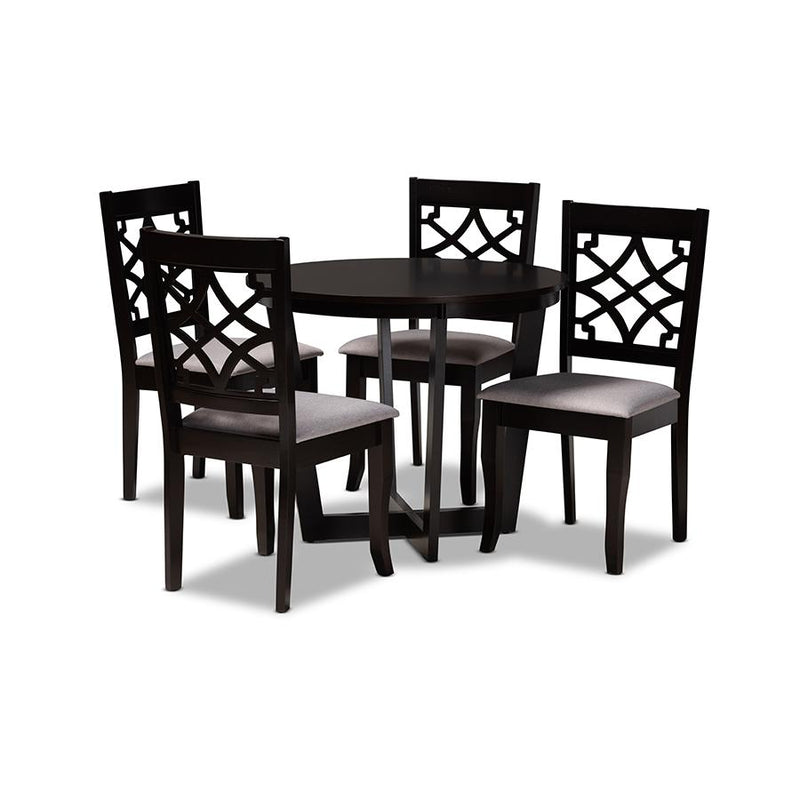 Grey Fabric Upholstered and Dark Brown Finished Wood 5-Piece Dining Set