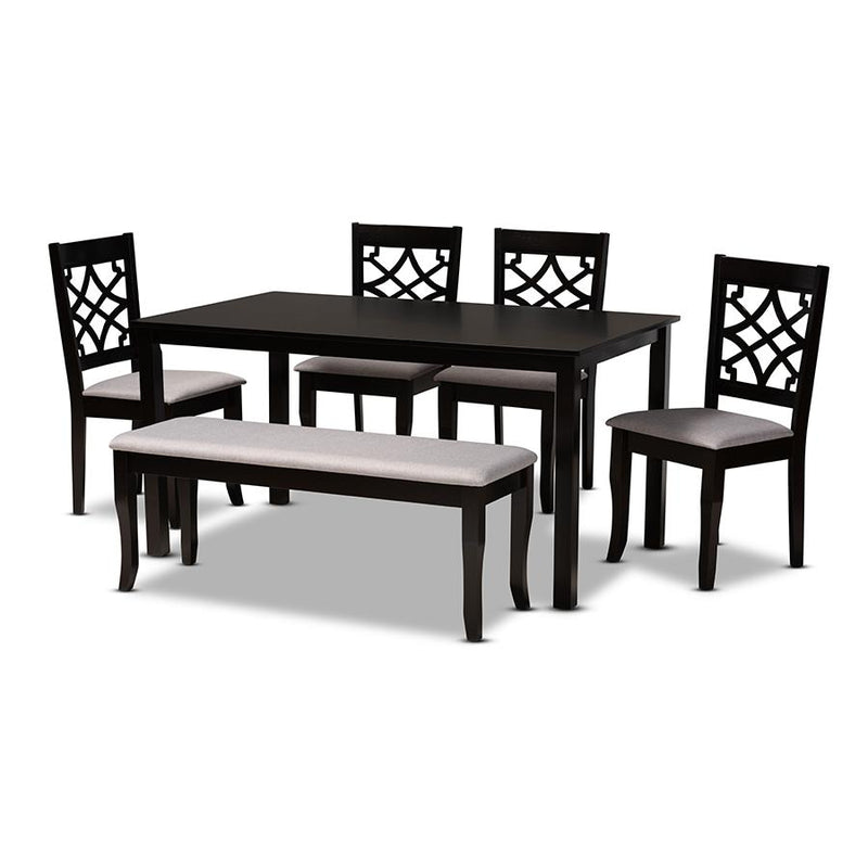 Grey Fabric Upholstered and Dark Brown Finished Wood 6-Piece Dining Set