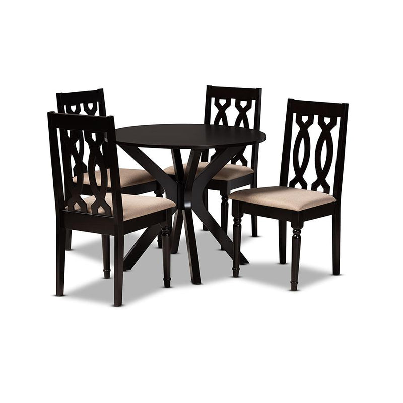 Sand Fabric Upholstered and Dark Brown Finished Wood 5-Piece Dining Set