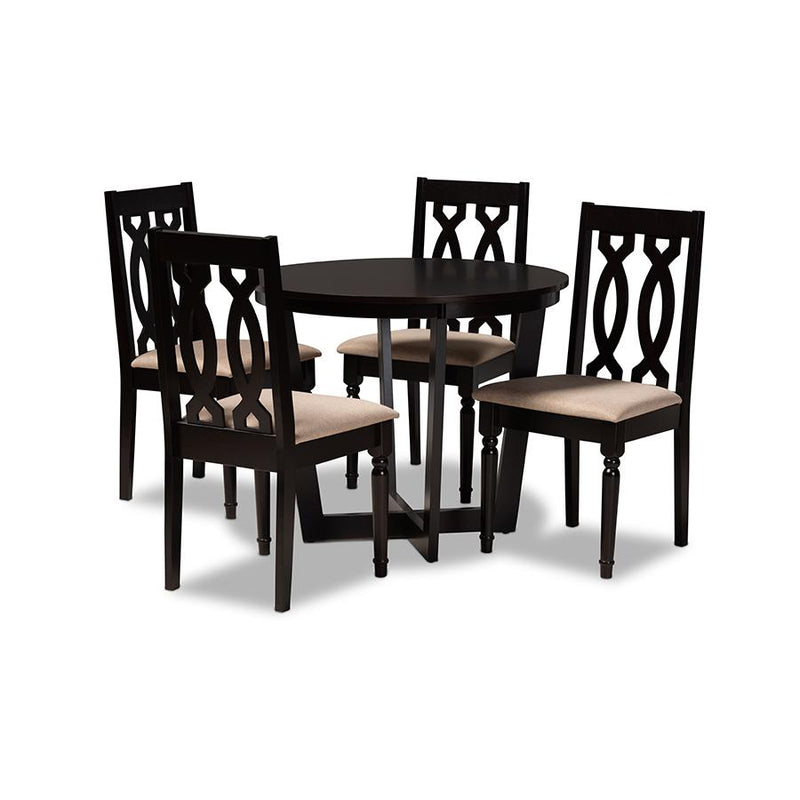 Sand Fabric Upholstered and Dark Brown Finished Wood 5-Piece Dining Set