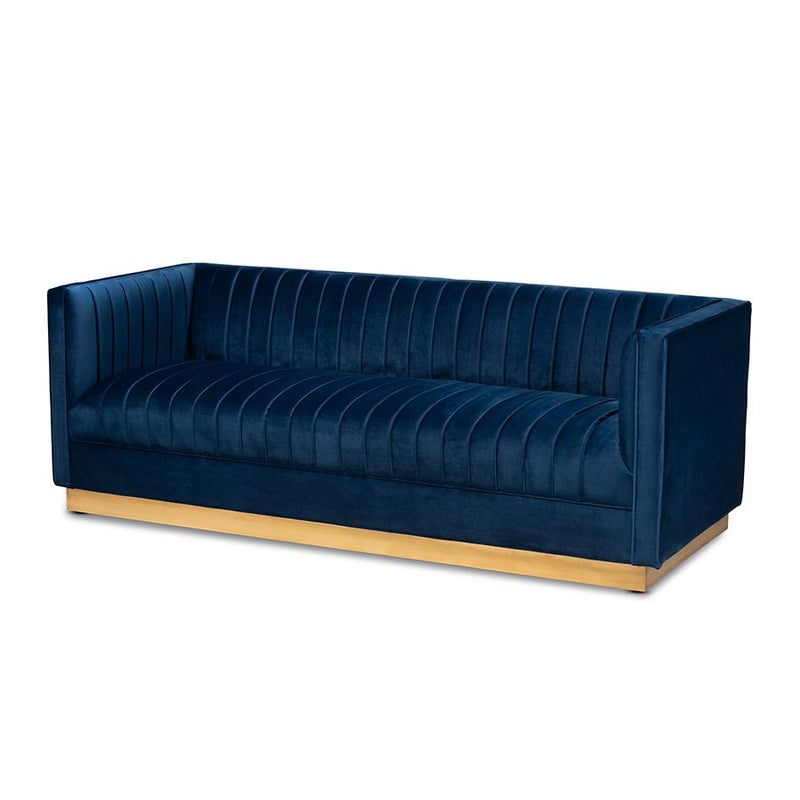 Luxe Navy Blue Velvet Fabric Upholstered Brushed Gold Finished Sofa