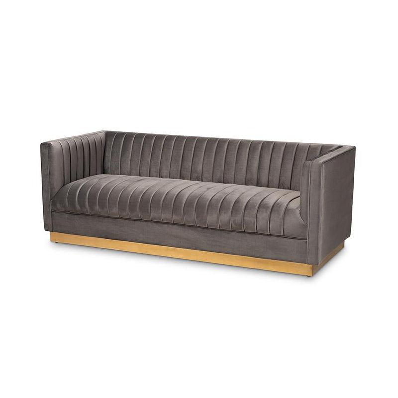 Aveline Glam and Luxe Grey Velvet Fabric Upholstered Brushed Gold Finished Sofa