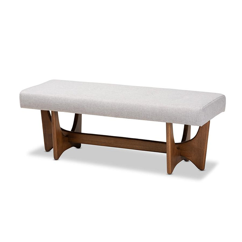 Theo Mid-Century Modern Greyish Beige Fabric Upholstered Walnut Finished Bench