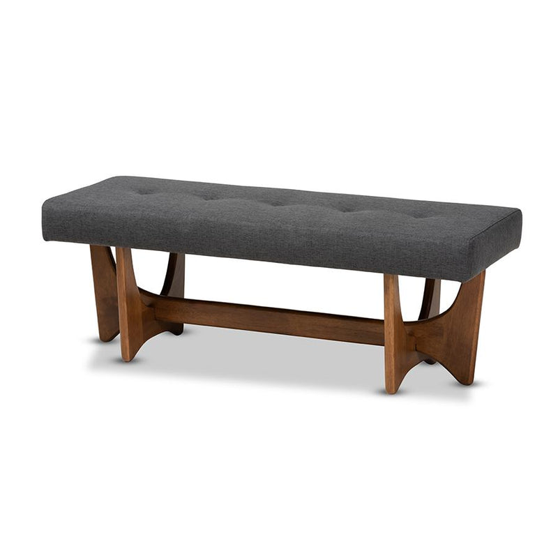 Theo Mid-Century Modern Dark Grey Fabric Upholstered Walnut Finished Bench