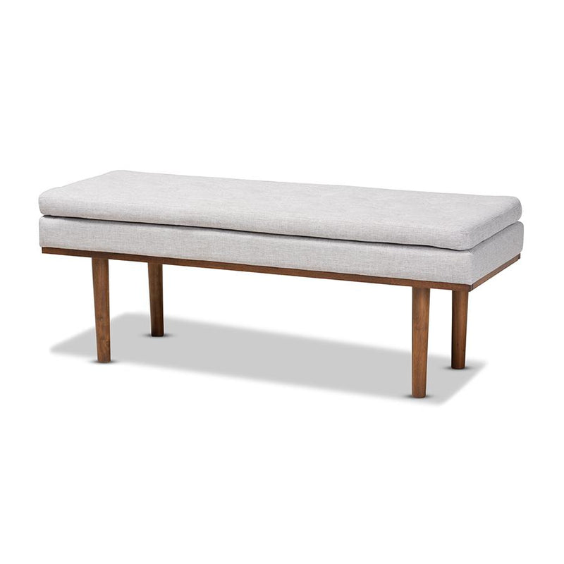 Arne Mid-Century Modern Greyish Beige Fabric Upholstered Walnut Finished Bench