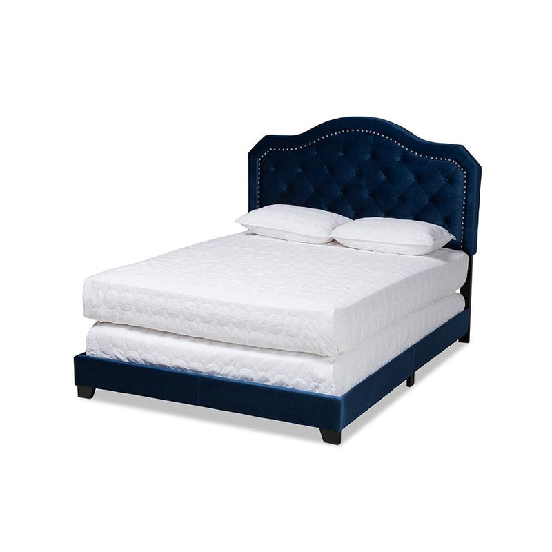 Navy Blue Velvet Fabric Upholstered Queen Size Button Tufted Bed