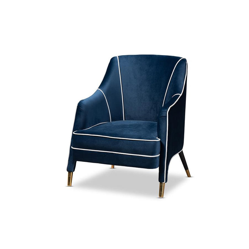 Luxe Navy Blue Velvet Fabric Upholstered Gold Finished Armchair