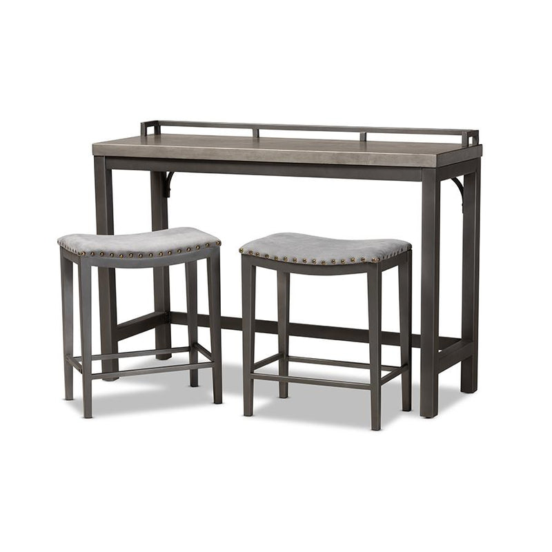 Grey Fabric Upholstered 3-Piece Multipurpose Metal Counter Table Set