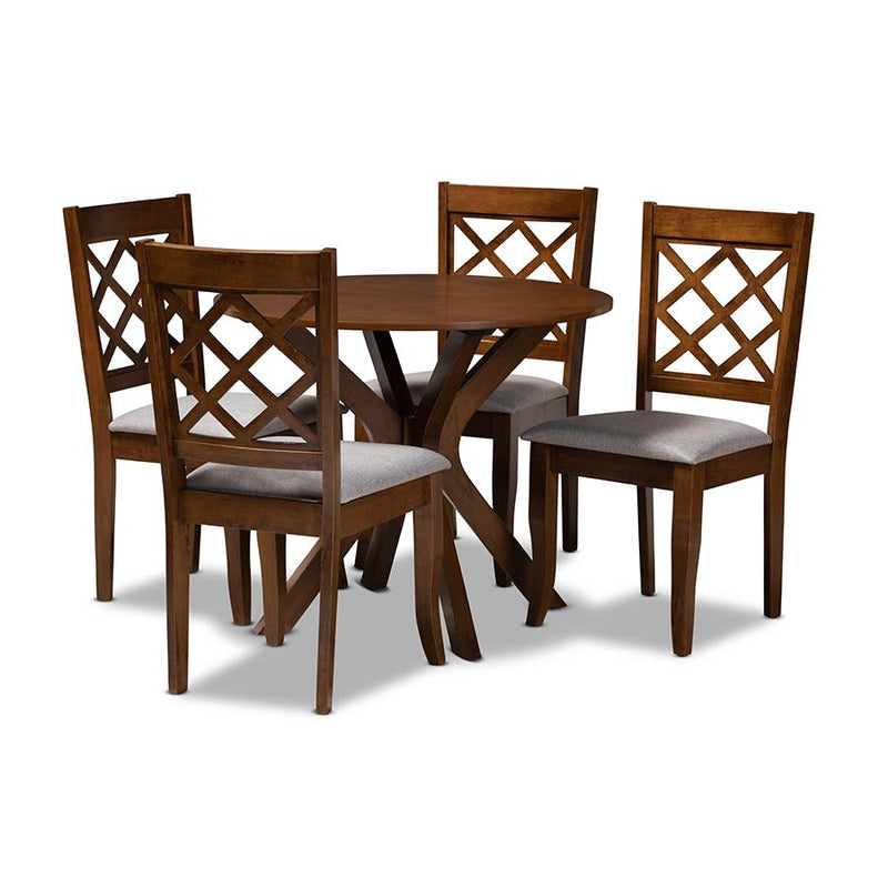 Grey Fabric Upholstered and Walnut Brown Finished Wood 5-Piece Dining Set