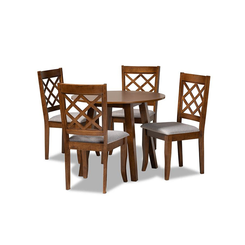 Grey Fabric Upholstered and Walnut Brown Finished Wood 5-Piece Dining Set