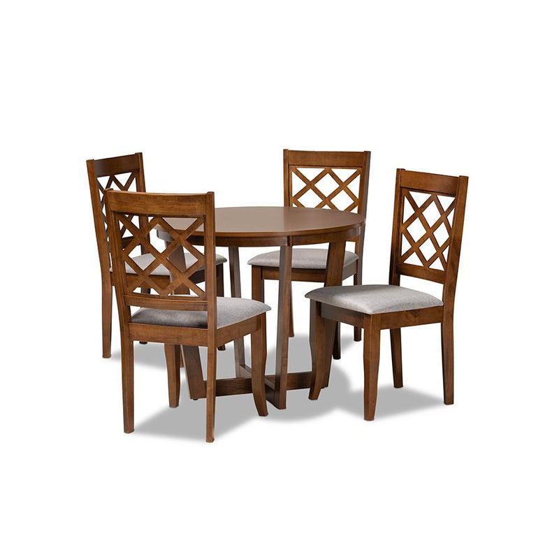 Grey Fabric Upholstered and Walnut Brown Finished Wood 5-Piece Dining Set