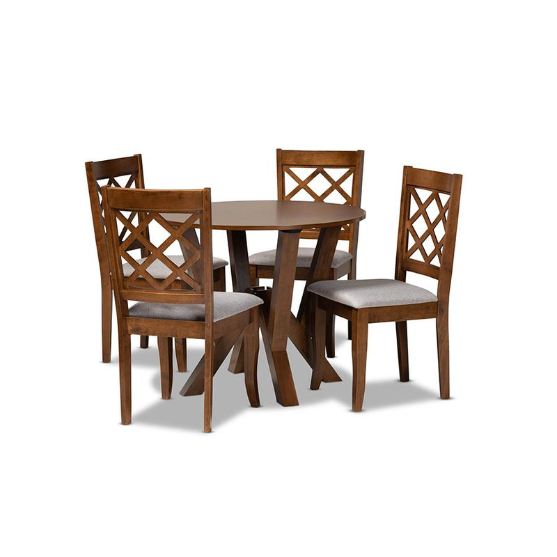 Grey Fabric Upholstered and Walnut Brown Finished Wood 5-Piece Dining Set