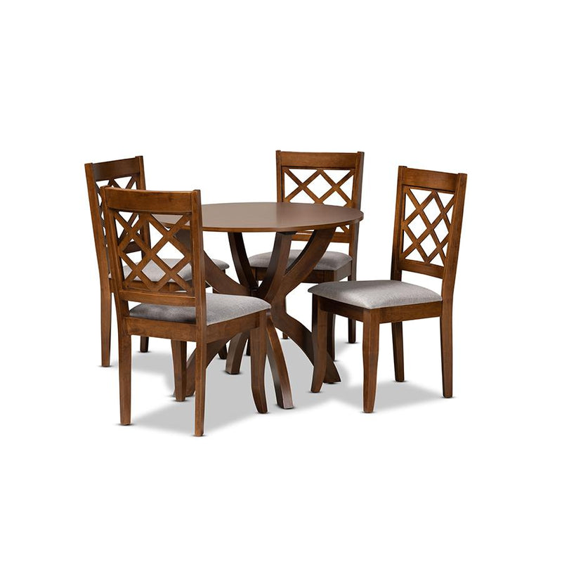 Grey Fabric Upholstered and Walnut Brown Finished Wood 5-Piece Dining Set