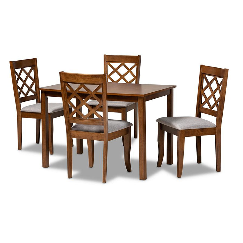 Grey Fabric Upholstered and Walnut Brown Finished Wood 5-Piece Dining Set