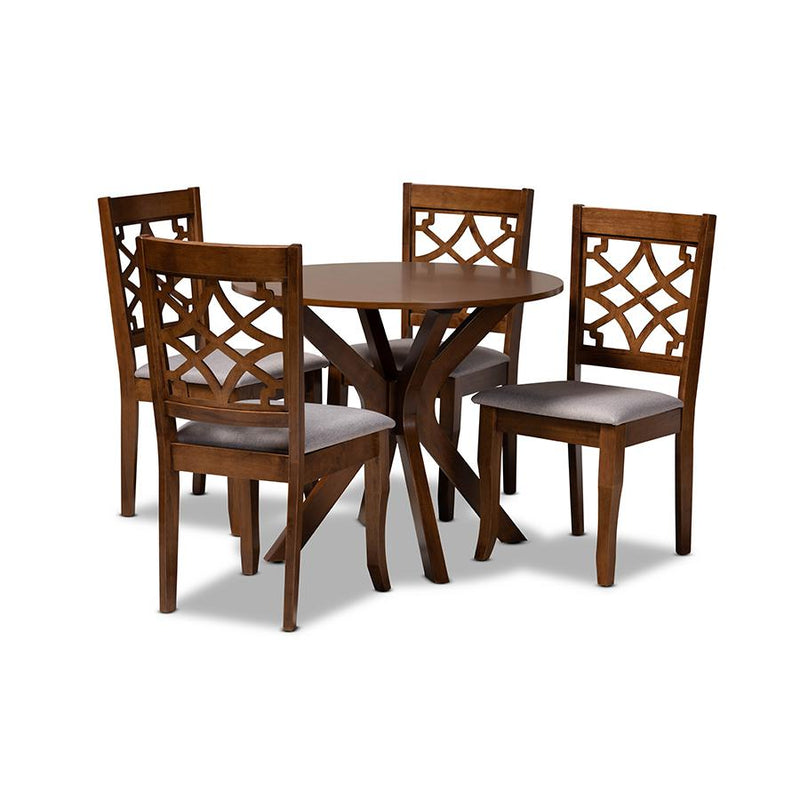 Grey Fabric Upholstered and Walnut Brown Finished Wood 5-Piece Dining Set