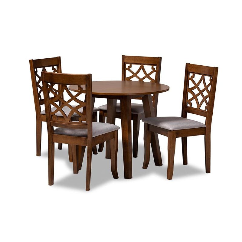 Grey Fabric Upholstered and Walnut Brown Finished Wood 5-Piece Dining Set