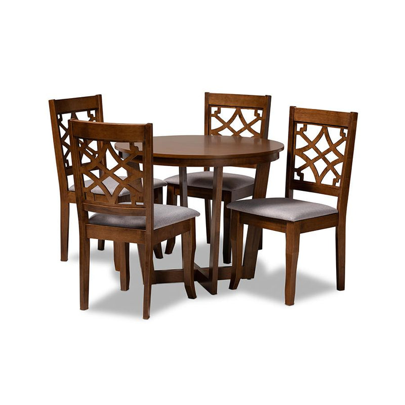 Grey Fabric Upholstered and Walnut Brown Finished Wood 5-Piece Dining Set