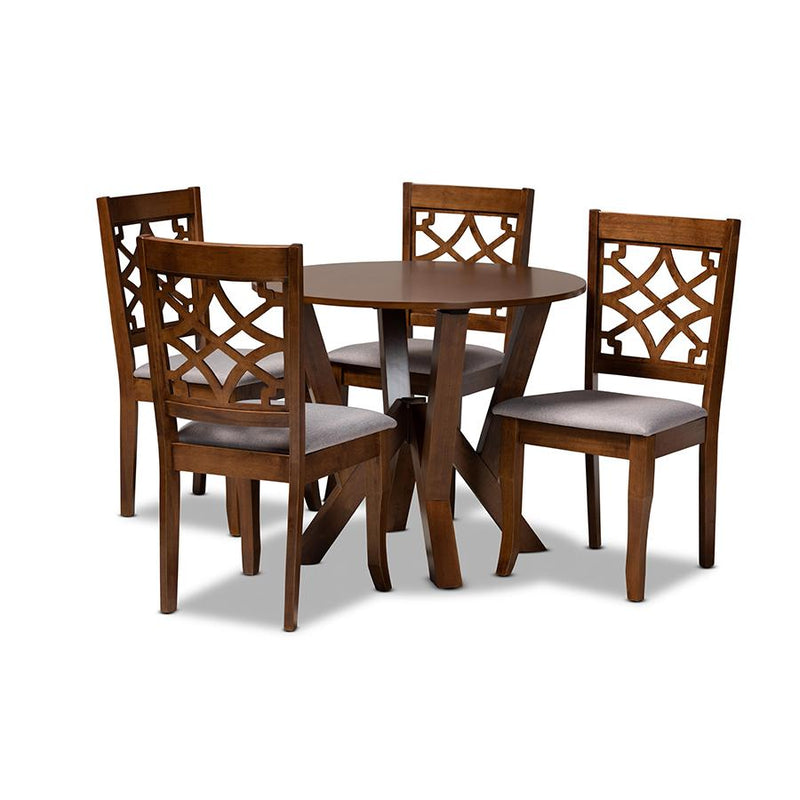 Grey Fabric Upholstered and Walnut Brown Finished Wood 5-Piece Dining Set