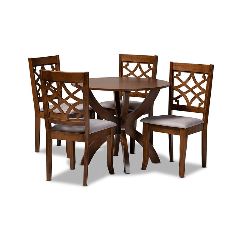 Grey Fabric Upholstered and Walnut Brown Finished Wood 5-Piece Dining Set