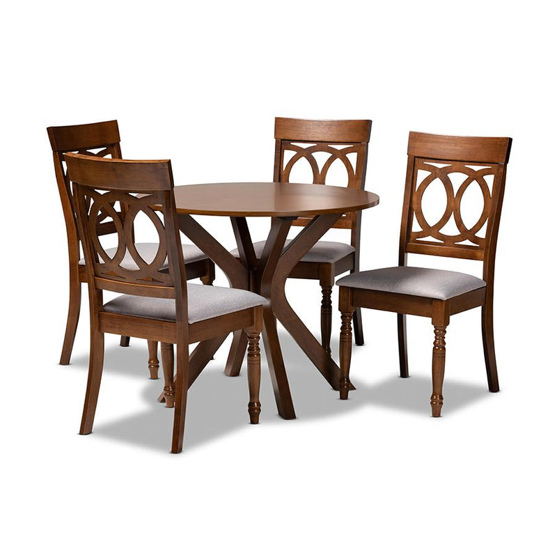 Grey Fabric Upholstered and Walnut Brown Finished Wood 5-Piece Dining Set