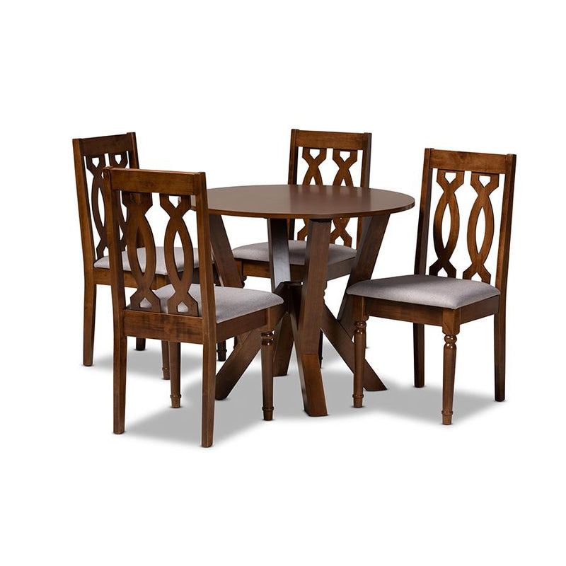 Grey Fabric Upholstered and Walnut Brown Finished Wood 5-Piece Dining Set