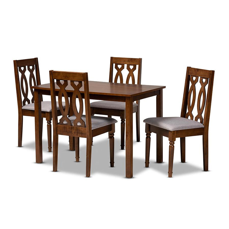 Grey Fabric Upholstered and Walnut Brown Finished Wood 5-Piece Dining Set