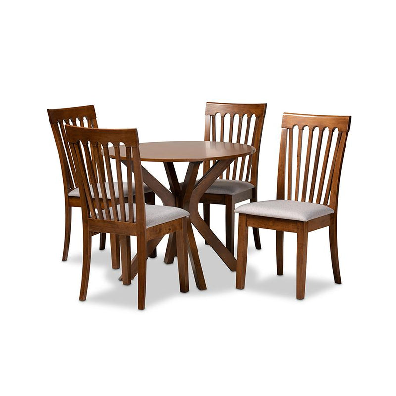 Grey Fabric Upholstered and Walnut Brown Finished Wood 5-Piece Dining Set