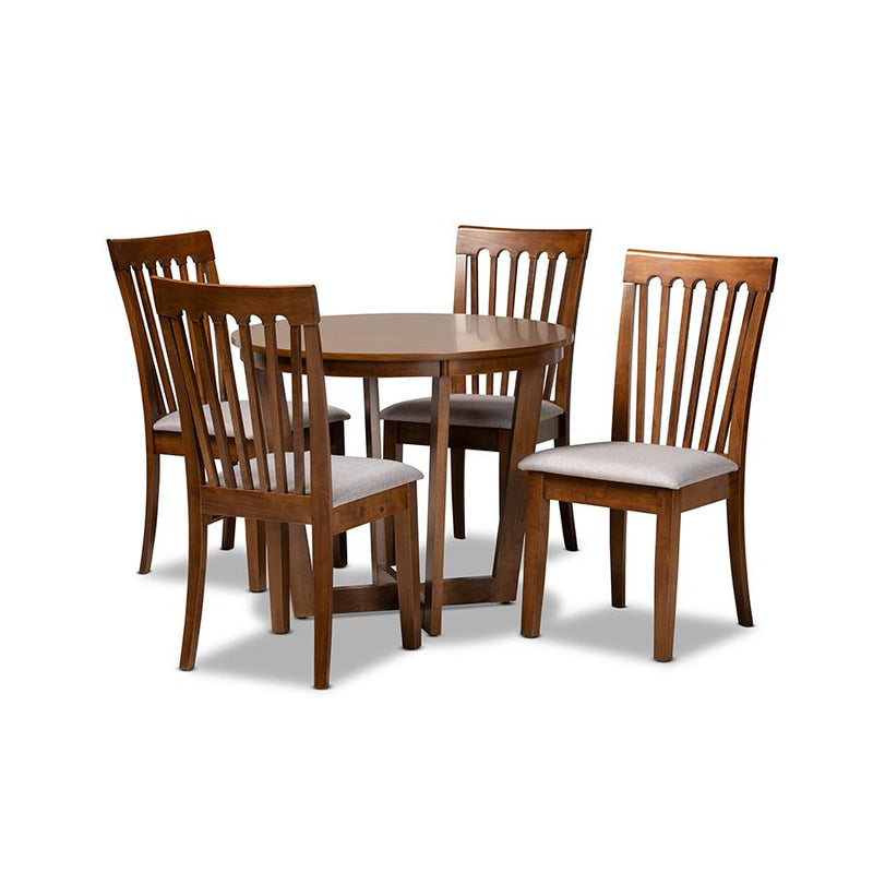 Grey Fabric Upholstered and Walnut Brown Finished Wood 5-Piece Dining Set