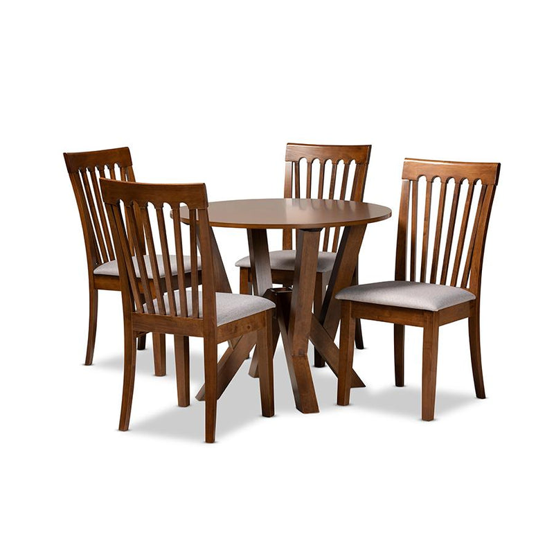 Grey Fabric Upholstered and Walnut Brown Finished Wood 5-Piece Dining Set