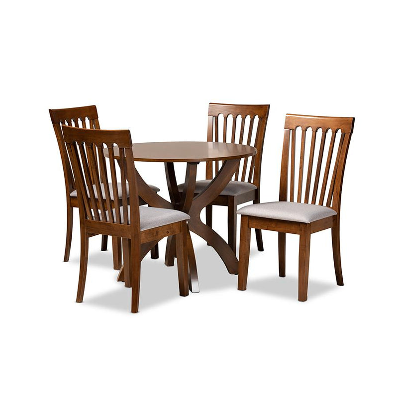 Grey Fabric Upholstered and Walnut Brown Finished Wood 5-Piece Dining Set