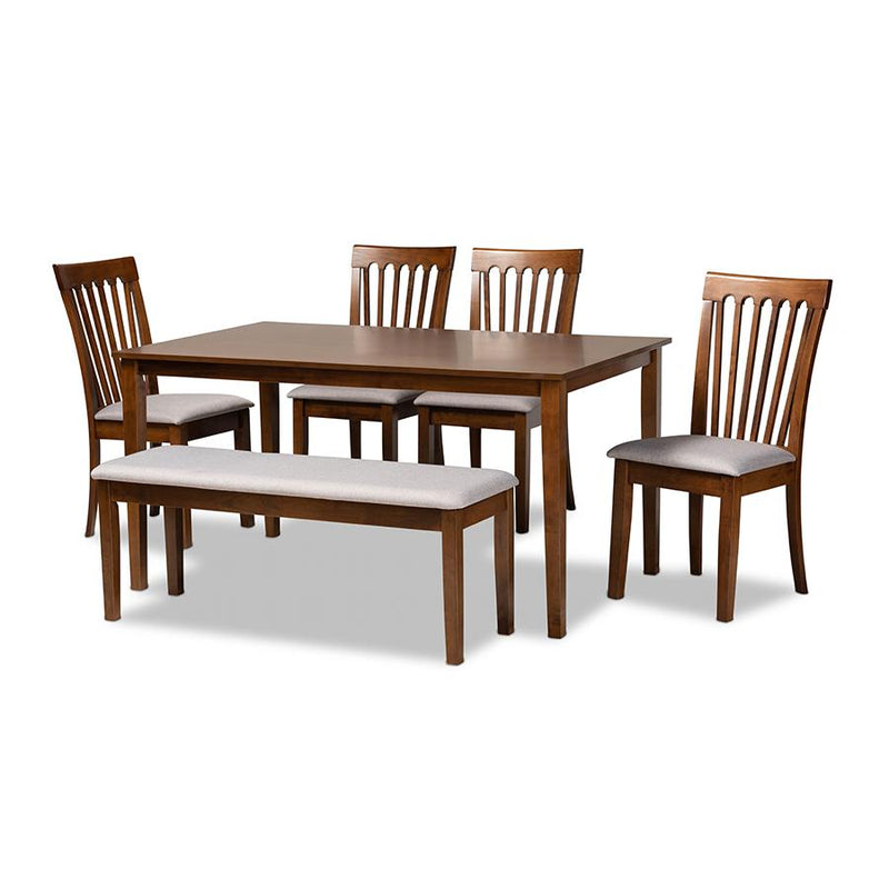 Grey Fabric Upholstered and Walnut Brown Finished Wood 6-Piece Dining Set