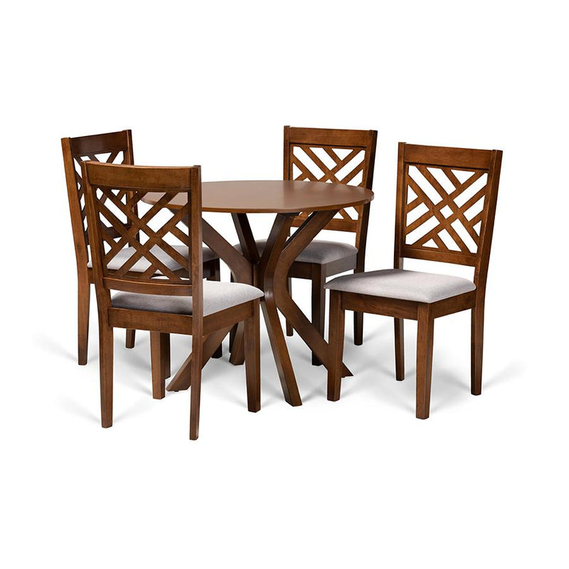 Grey Fabric Upholstered and Walnut Brown Finished Wood 5-Piece Dining Set