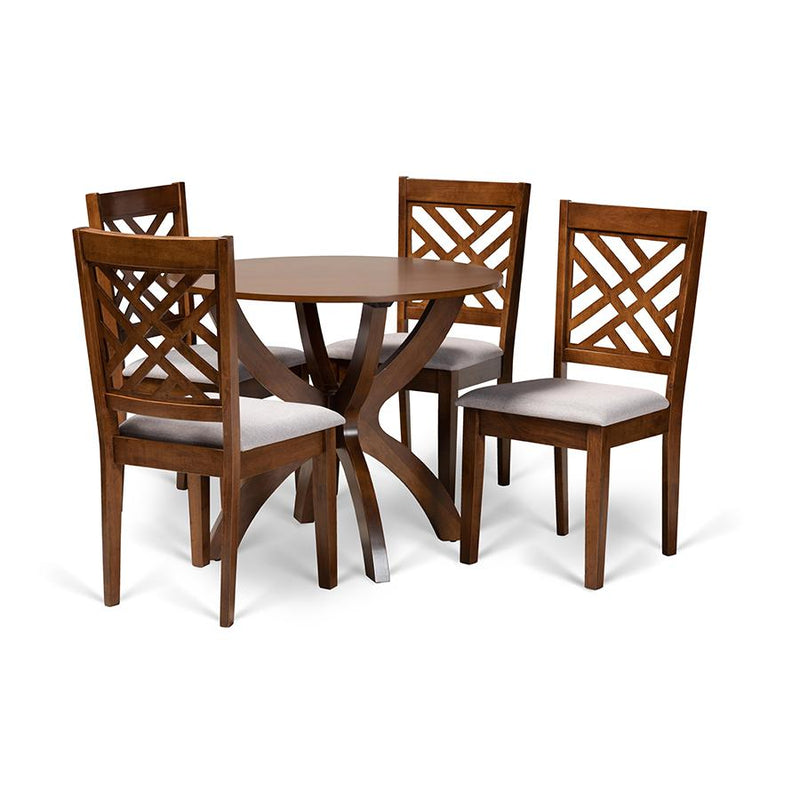 Grey Fabric Upholstered and Walnut Brown Finished Wood 5-Piece Dining Set