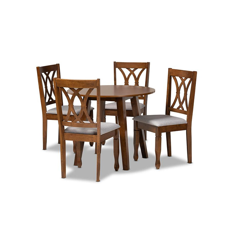 Grey Fabric Upholstered and Walnut Brown Finished Wood 5-Piece Dining Set