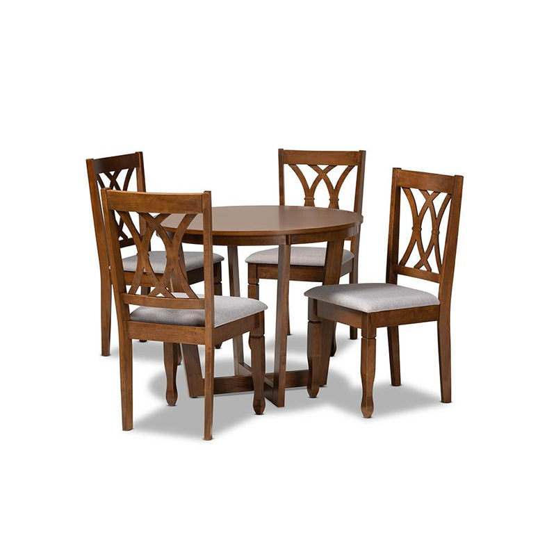 Grey Fabric Upholstered and Walnut Brown Finished Wood 5-Piece Dining Set