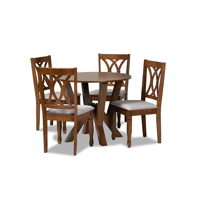 Grey Fabric Upholstered and Walnut Brown Finished Wood 5-Piece Dining Set