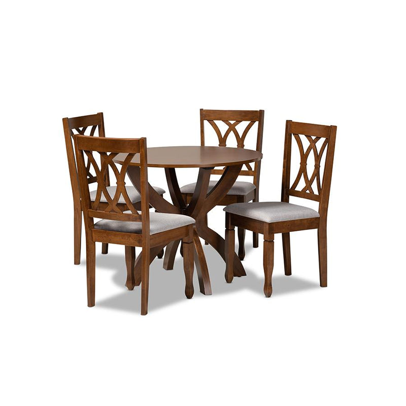 Grey Fabric Upholstered and Walnut Brown Finished Wood 5-Piece Dining Set