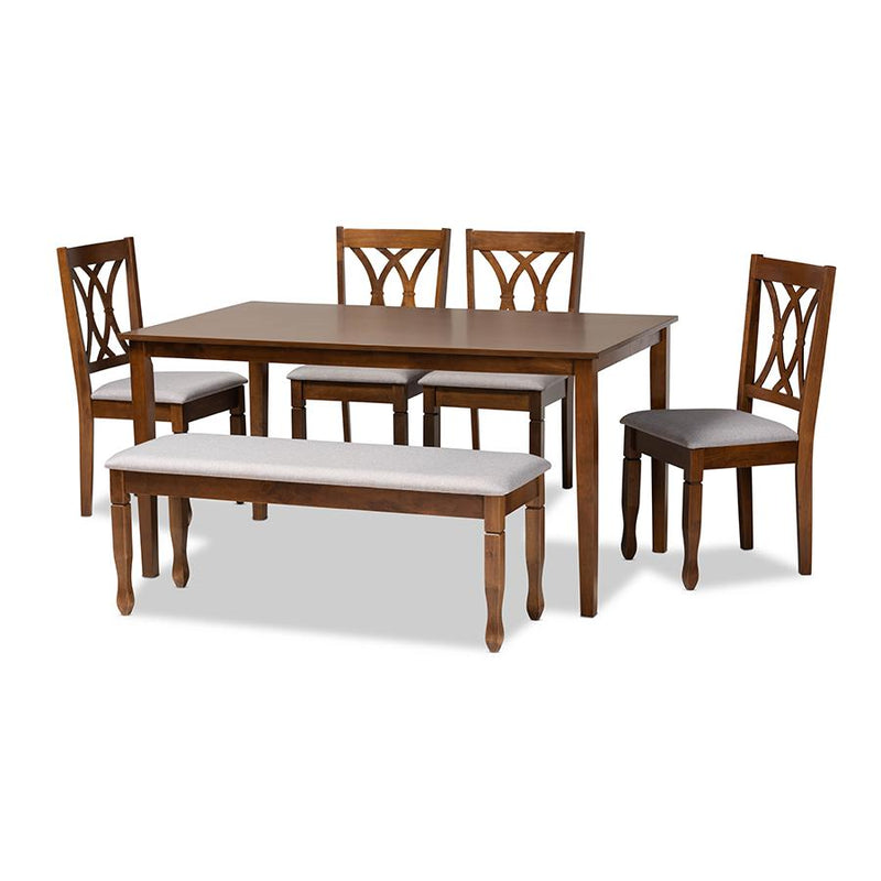 Grey Fabric Upholstered and Walnut Brown Finished Wood 6-Piece Dining Set