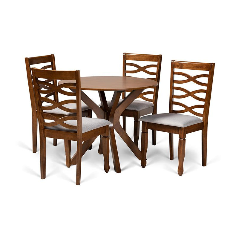 Grey Fabric Upholstered and Walnut Brown Finished Wood 5-Piece Dining Set