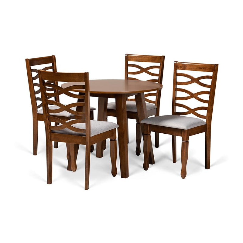 Grey Fabric Upholstered and Walnut Brown Finished Wood 5-Piece Dining Set