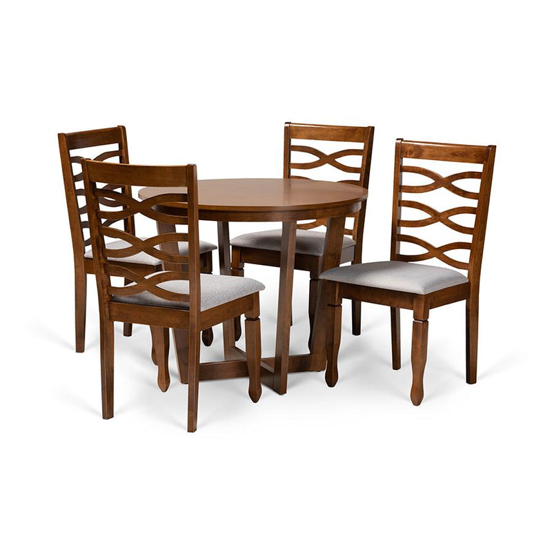 Grey Fabric Upholstered and Walnut Brown Finished Wood 5-Piece Dining Set