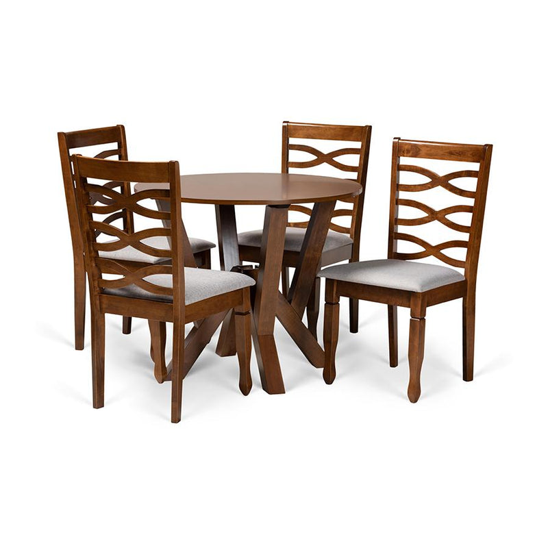 Grey Fabric Upholstered and Walnut Brown Finished Wood 5-Piece Dining Set