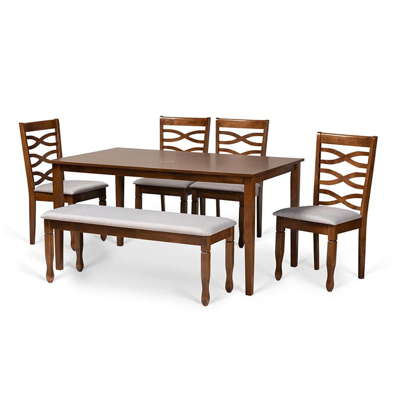 Grey Fabric Upholstered and Walnut Brown Finished Wood 6-Piece Dining Set