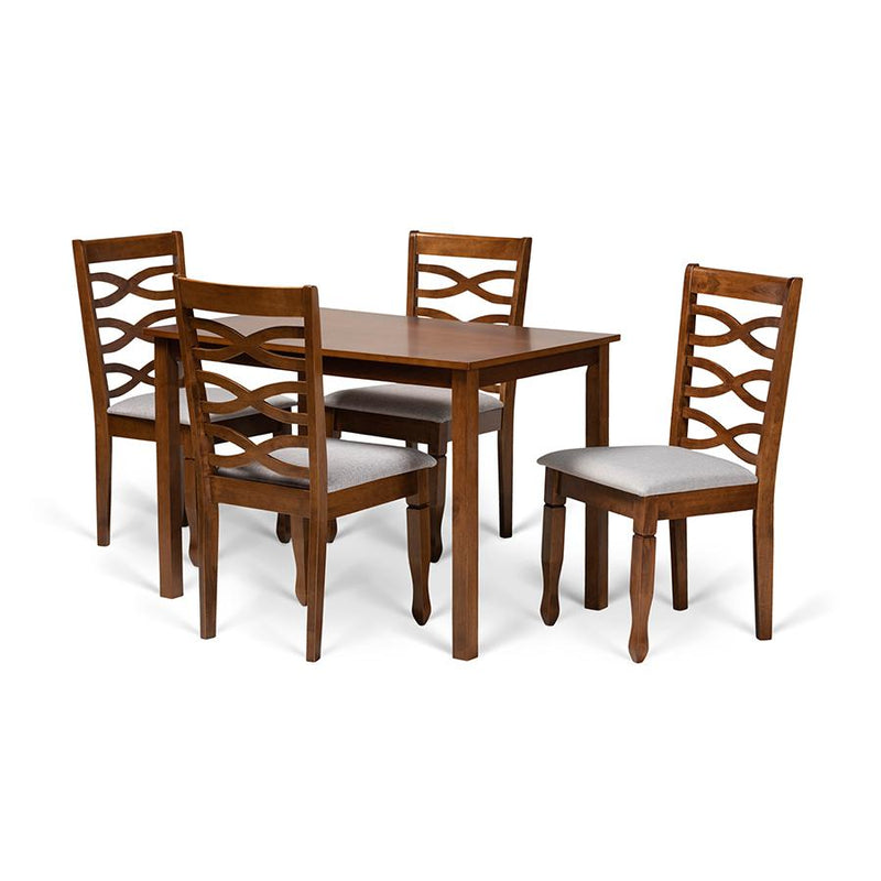 Grey Fabric Upholstered and Walnut Brown Finished Wood 5-Piece Dining Set