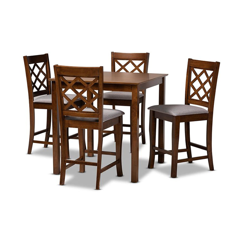 Grey Fabric Upholstered Walnut Brown Finished 5-Piece Wood Pub Set