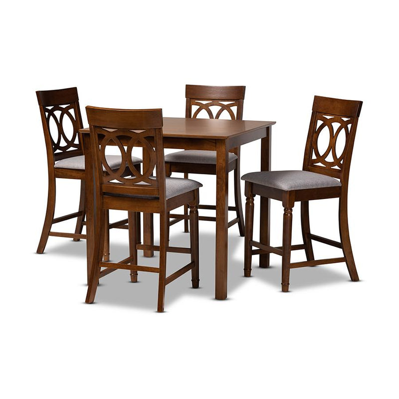 Grey Fabric Upholstered Walnut Brown Finished 5-Piece Wood Pub Set